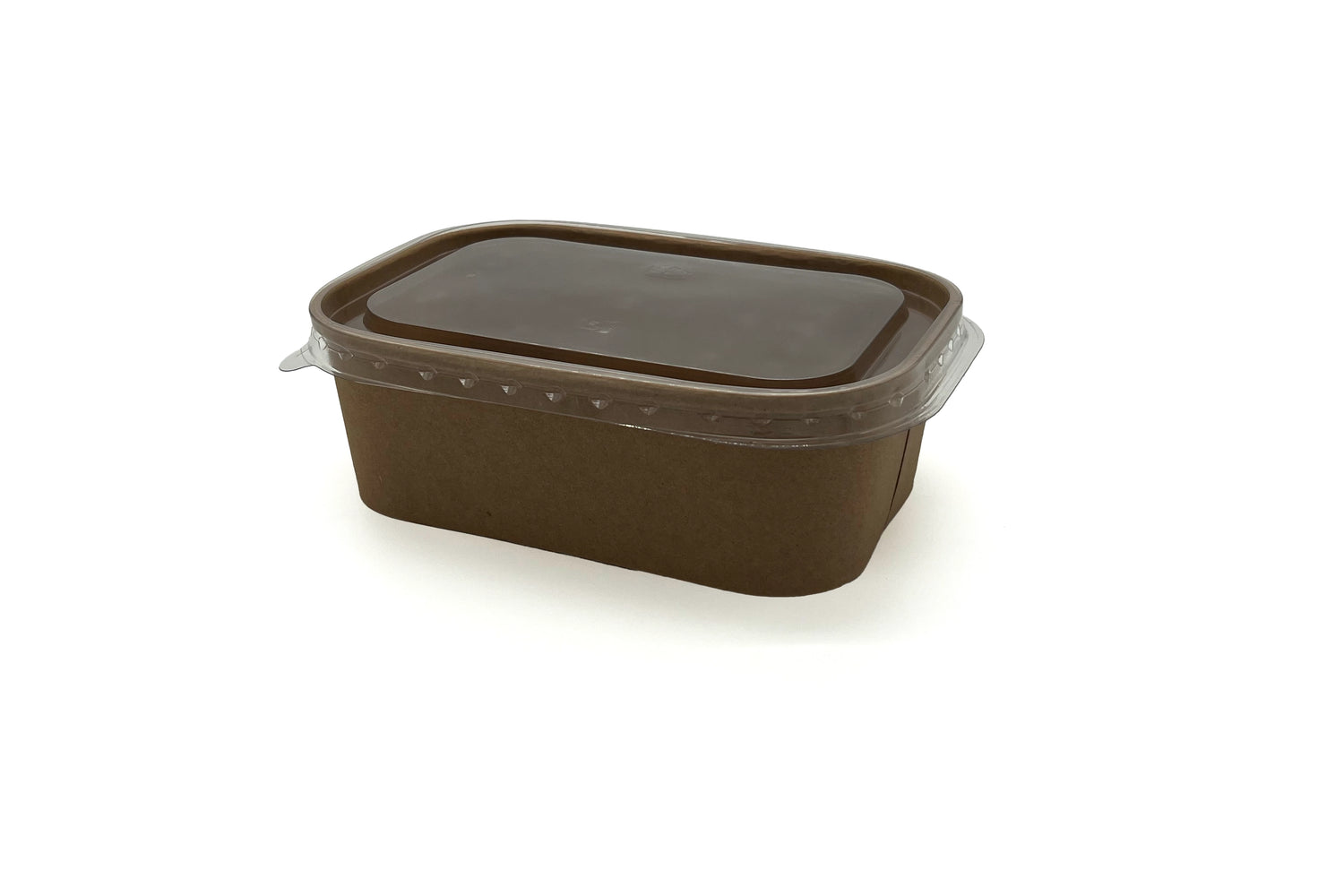 rPet-Deckel auf brauner, ovaler Salatschale, gravierte Seiten, 750ml oder 1000ml, transparent, robust, umweltfreundlich.
