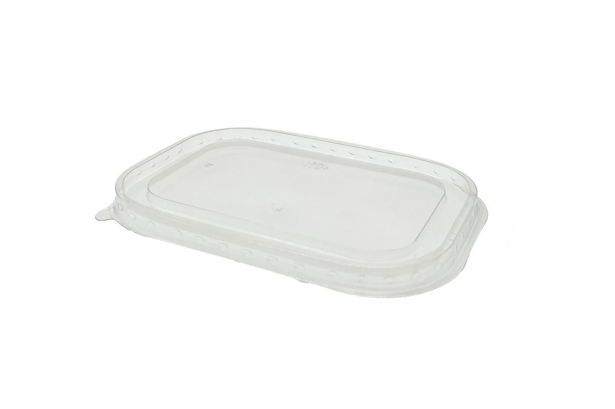 Transparenter rPet-Deckel passend für ovale Salatschalen 750ml und 1000ml, zeigt glatte Kanten und stapelbares Design.