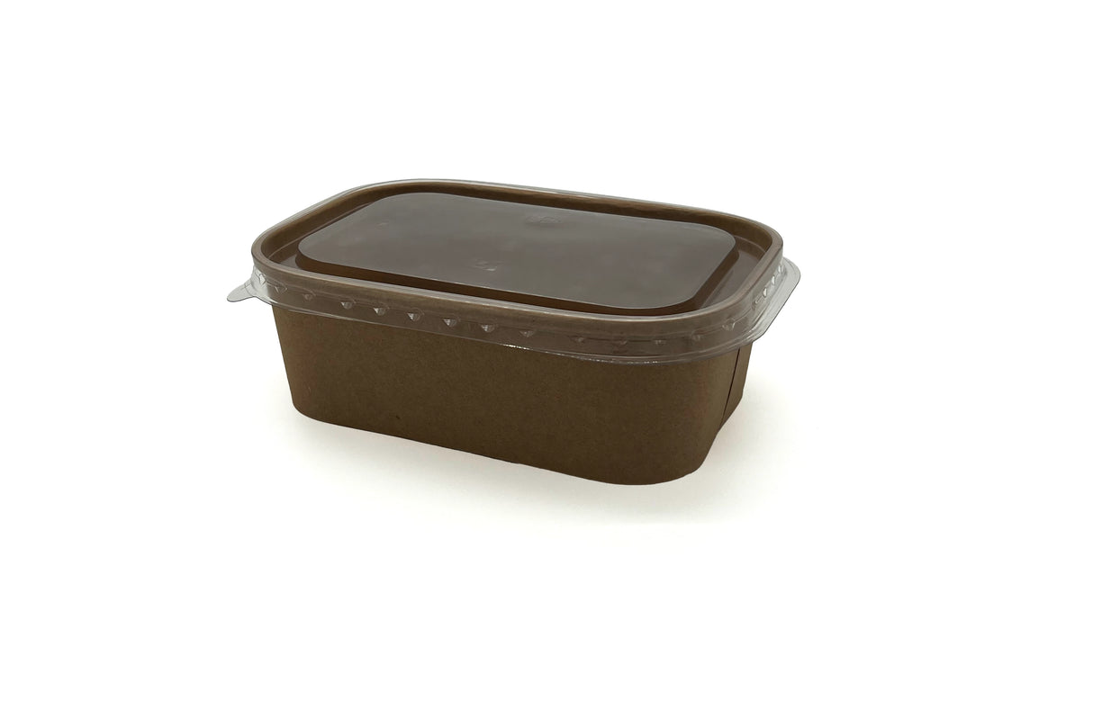 rPet-Deckel auf brauner, ovaler Salatschale, gravierte Seiten, 750ml oder 1000ml, transparent, robust, umweltfreundlich.