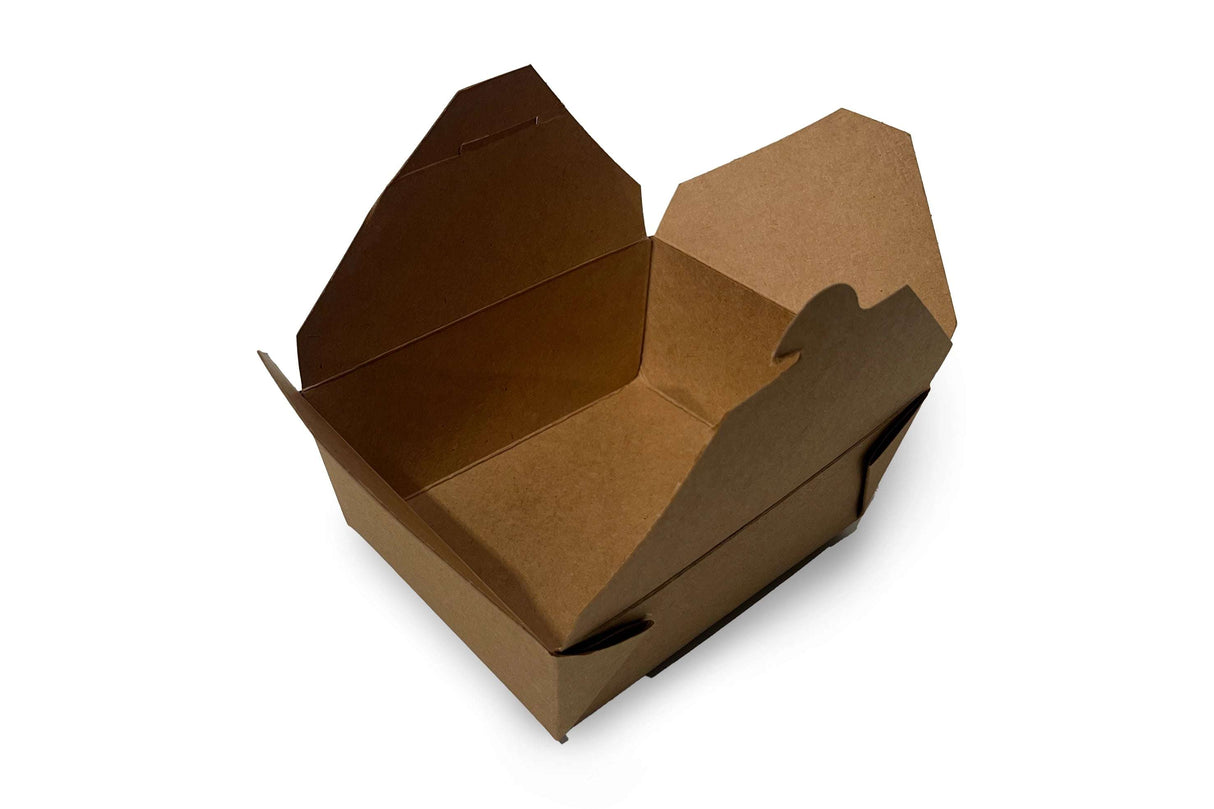 Take-Away-Box aus Kraftpapier mit geöffnetem Faltdeckel, 1000 ml, ideal für umweltfreundlichen Transport von Speisen.