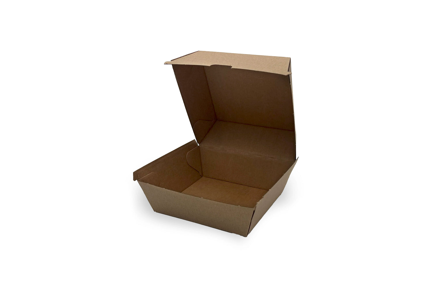 Offene Burgerbox aus Kraftpapier, 115x115x90mm, zeigt Innenraum, ideal für umweltfreundliche Takeaway-Verpackungen.