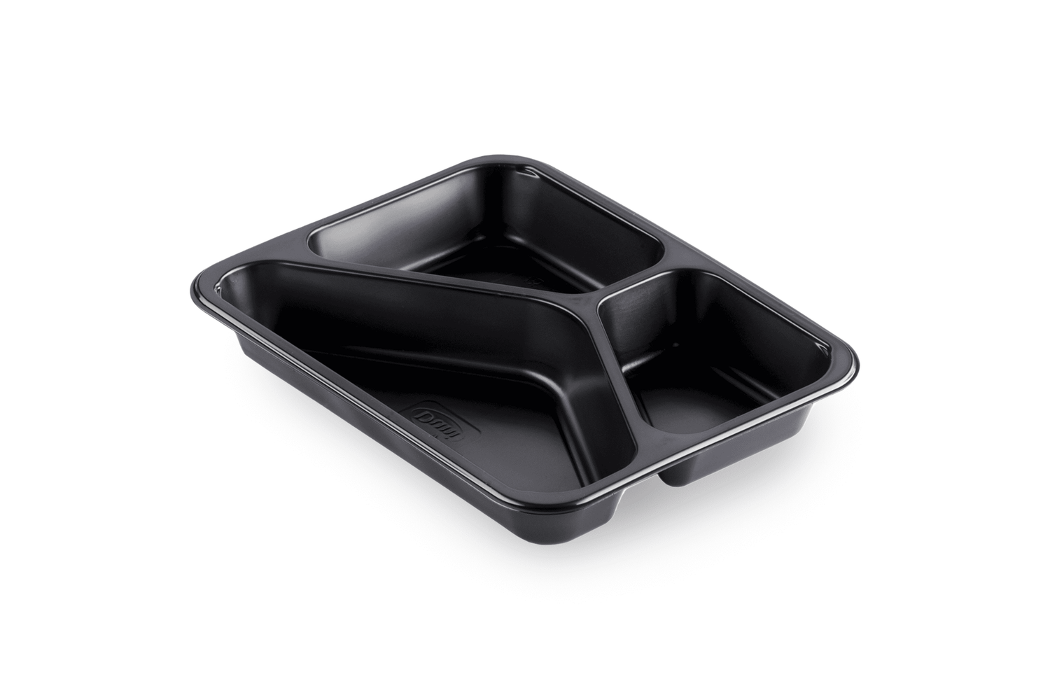 Schwarze Siegelschale mit drei Fächern, ideal zur Organisation von Lebensmitteln, Maße 227 x 178 x 32mm.