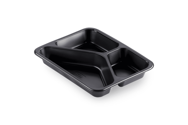 Schwarze Siegelschale mit drei Fächern, ideal zur Organisation von Lebensmitteln, Maße 227 x 178 x 32mm.