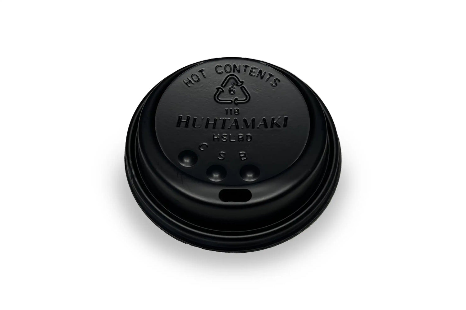 Schwarzer Deckel für Kaffeebecher, passend für 300ml und 400ml, mit Trinköffnung und Recycling-Symbol, aus Kunststoff.