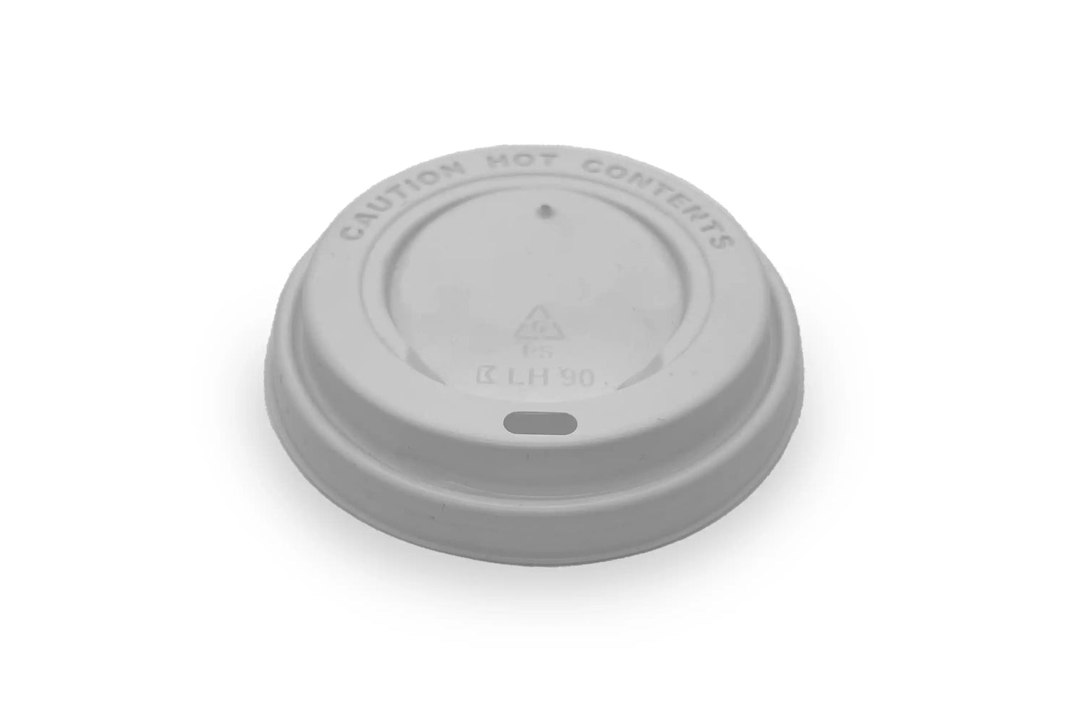 Weiße Deckel für Kaffeebecher aus Kunststoff, geeignet für 300 und 400 ml Becher, mit Warnhinweis für heiße Inhalte.